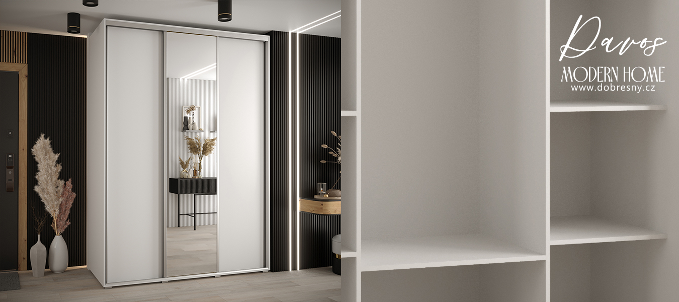 Šatní skříň s posuvnými dveřmi a zrcadlem DAVOS 170cm | Bílá / stříbrné pojezdy