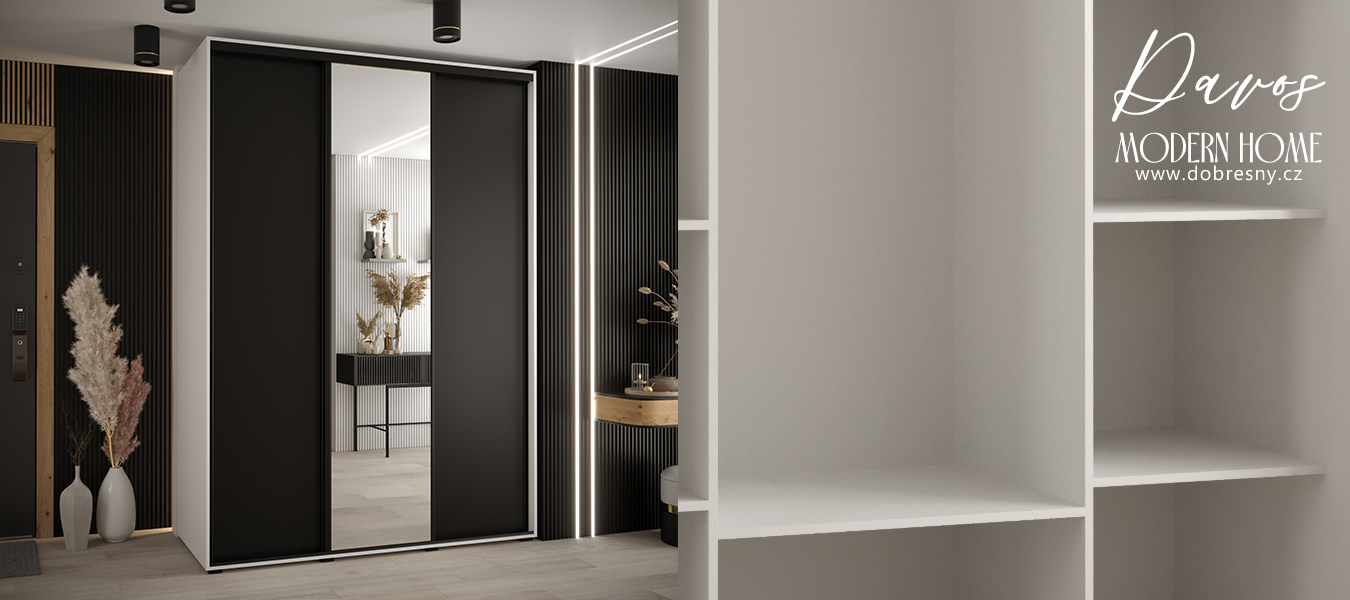 Šatní skříň s posuvnými dveřmi a zrcadlem DAVOS 170cm | Bílá / černá / černé pojezdy