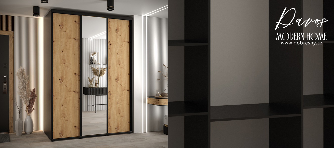 Šatní skříň s posuvnými dveřmi a zrcadlem DAVOS 170cm | Černá / DUB Artisan / černé pojezd