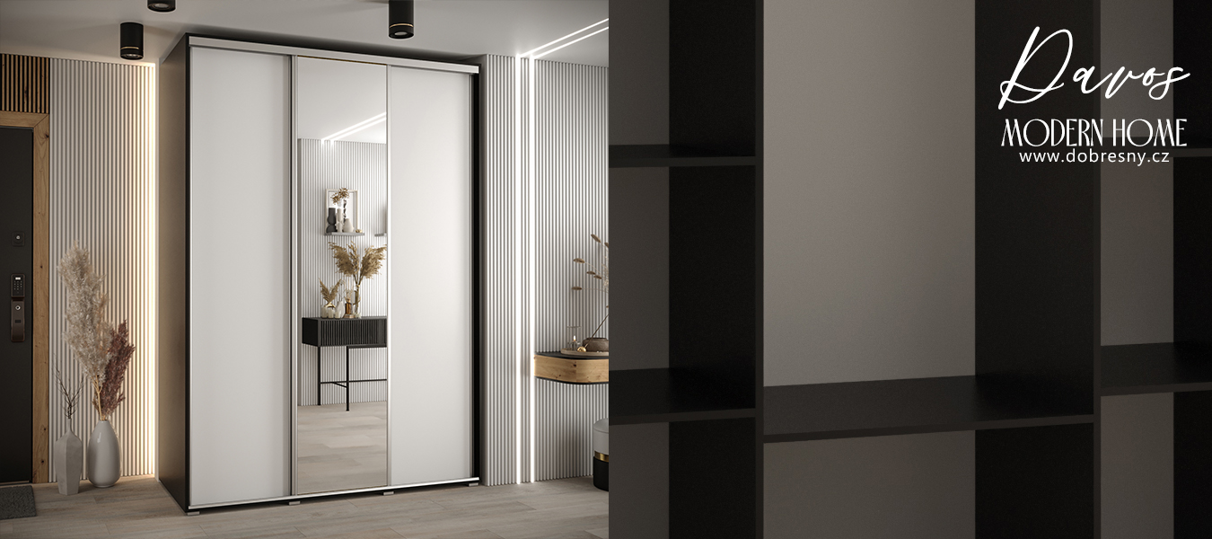 Šatní skříň s posuvnými dveřmi a zrcadlem DAVOS 170cm | Černá / bílá / stříbrné pojezdy