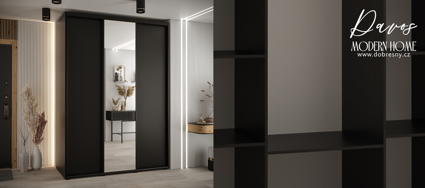 Šatní skříň s posuvnými dveřmi a zrcadlem DAVOS 170cm | Černá / černé pojezdy