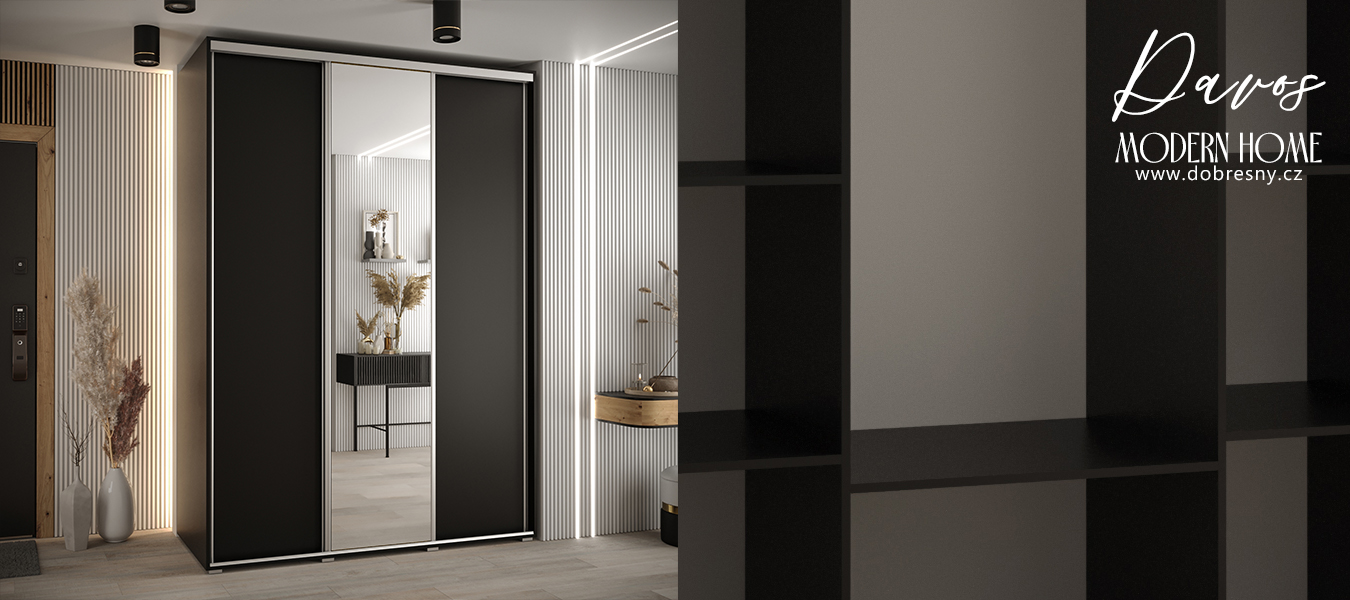 Šatní skříň s posuvnými dveřmi a zrcadlem DAVOS 170cm | Černá / stříbrné pojezdy