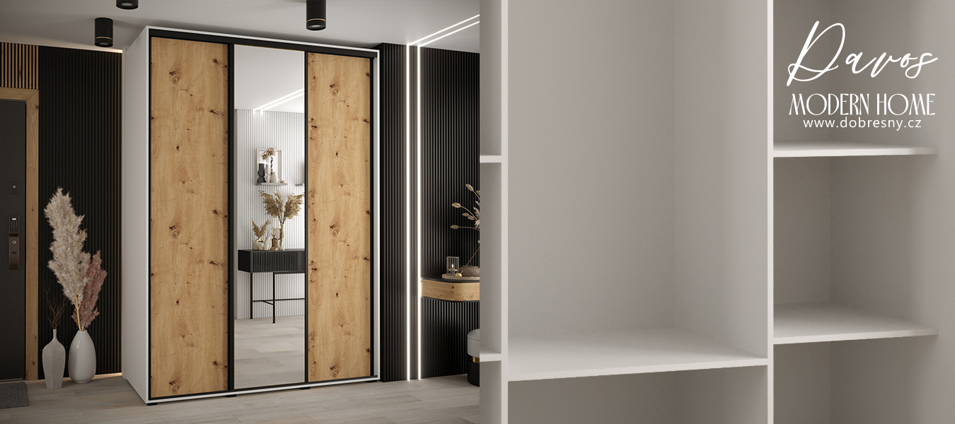 Šatní skříň s posuvnými dveřmi a zrcadlem DAVOS 180cm | Bílá / DUB Artisan / černé pojezdy