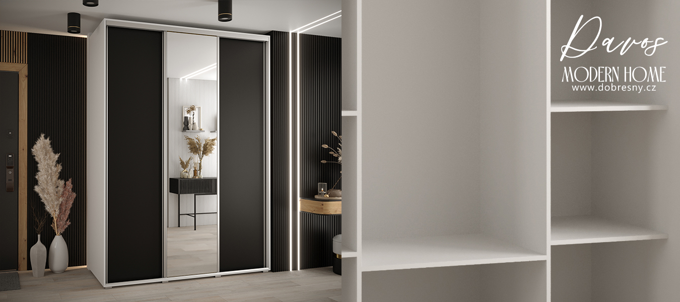 Šatní skříň s posuvnými dveřmi a zrcadlem DAVOS 180cm | Bílá / černá / stříbrné pojezdy
