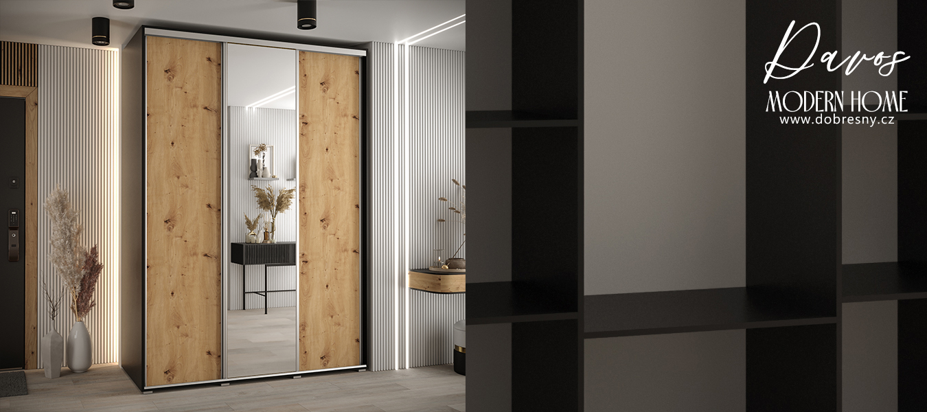 Šatní skříň s posuvnými dveřmi a zrcadlem DAVOS 180cm | Černá / DUB Artisan / stříbrné