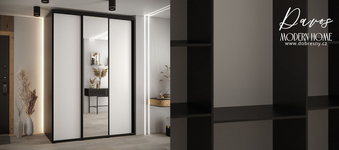 Šatní skříň s posuvnými dveřmi a zrcadlem DAVOS 180cm | Černá / bílá / černé pojezdy