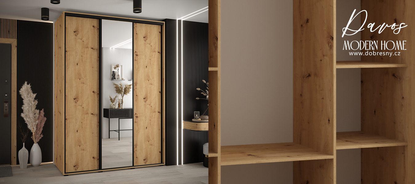 Šatní skříň s posuvnými dveřmi a zrcadlem DAVOS 180cm | DUB Artisan / černé pojezdy