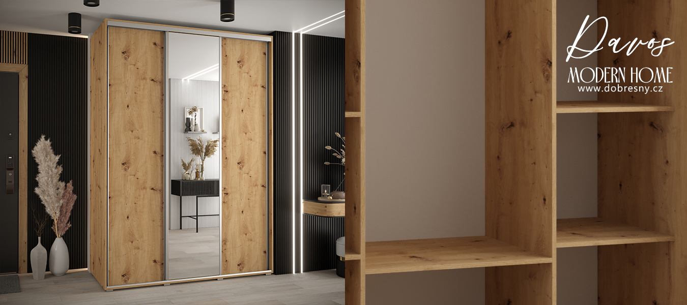 Šatní skříň s posuvnými dveřmi a zrcadlem DAVOS 180cm | DUB Artisan / stříbrné pojezdy
