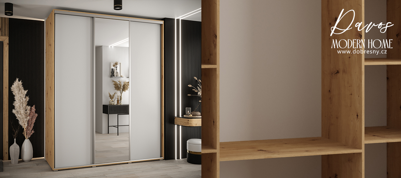 Šatní skříň s posuvnými dveřmi a zrcadlem DAVOS 190cm | DUB Artisan / bílá / stříbrné