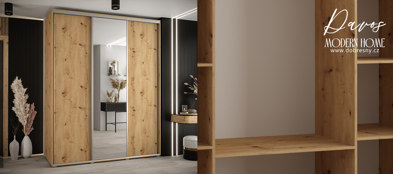 Šatní skříň s posuvnými dveřmi a zrcadlem DAVOS 190cm | DUB Artisan / stříbrné pojezdy