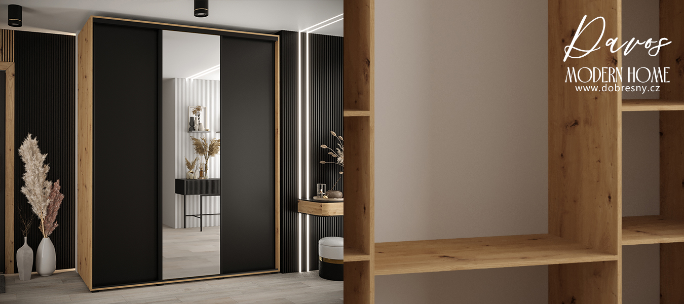 Šatní skříň s posuvnými dveřmi a zrcadlem DAVOS 190cm | DUB Artisan / černá / černé pojezd