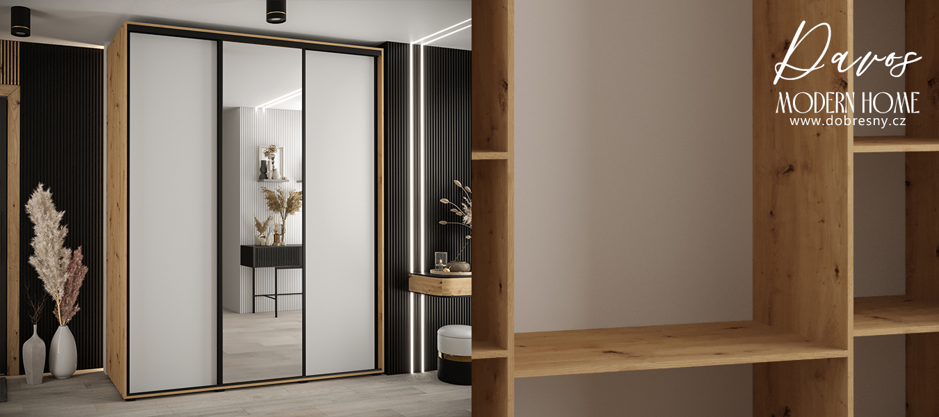 Šatní skříň s posuvnými dveřmi a zrcadlem DAVOS 190cm | DUB Artisan / bílá / černé pojezdy