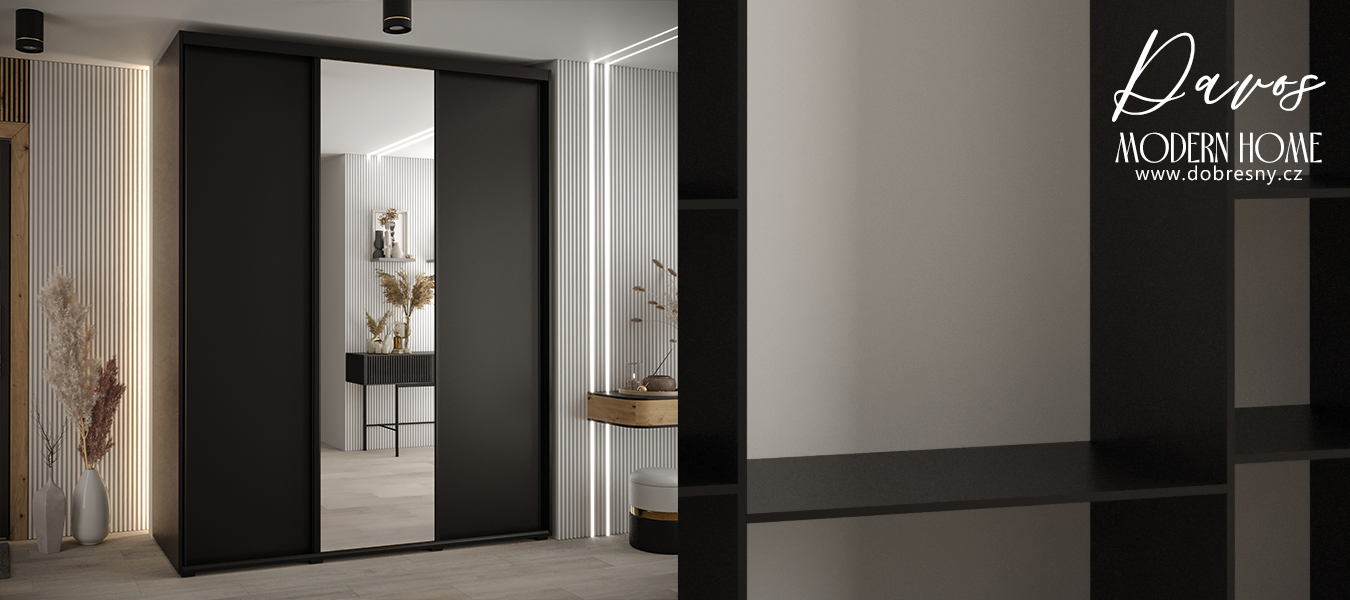Šatní skříň s posuvnými dveřmi a zrcadlem DAVOS 190cm | Černá / černé pojezdy