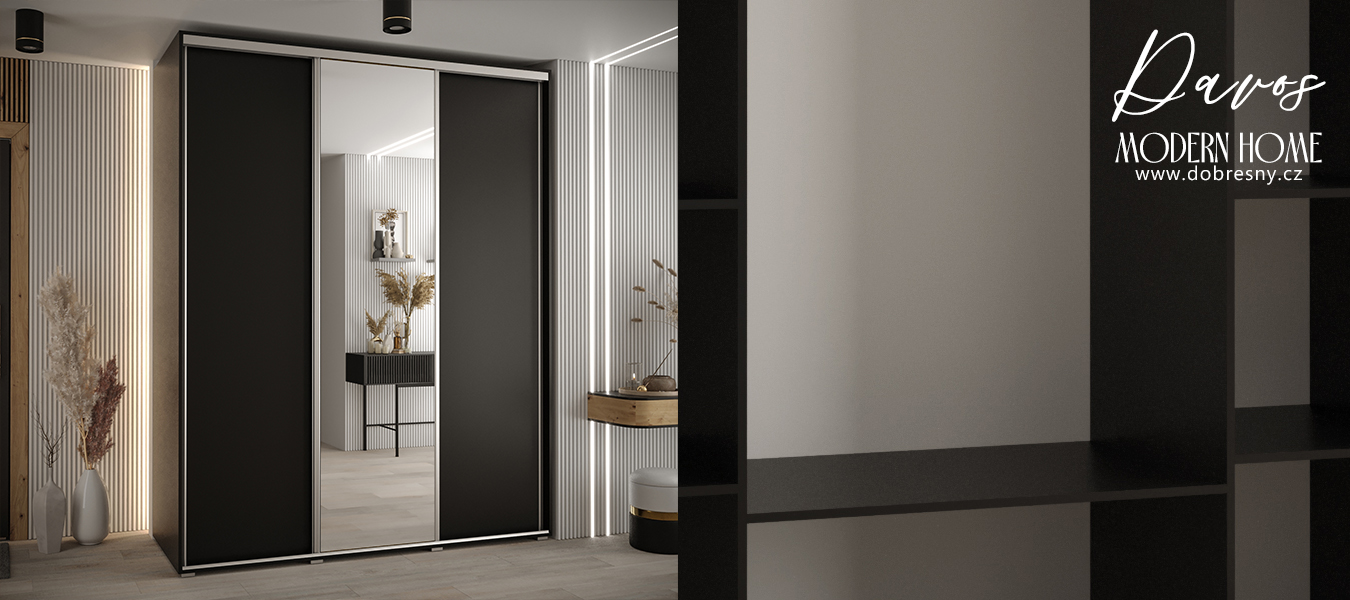 Šatní skříň s posuvnými dveřmi a zrcadlem DAVOS 190cm | Černá / stříbrné pojezdy