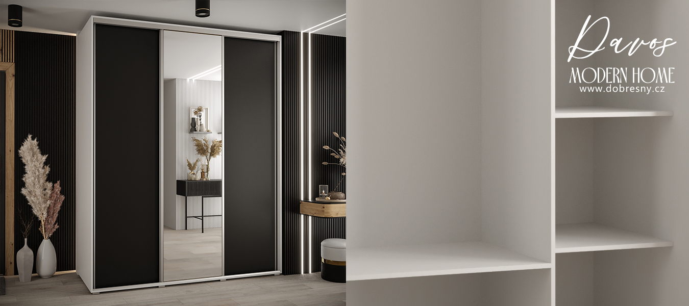 Šatní skříň s posuvnými dveřmi a zrcadlem DAVOS 190cm | Bílá / černá / stříbrné pojezdy