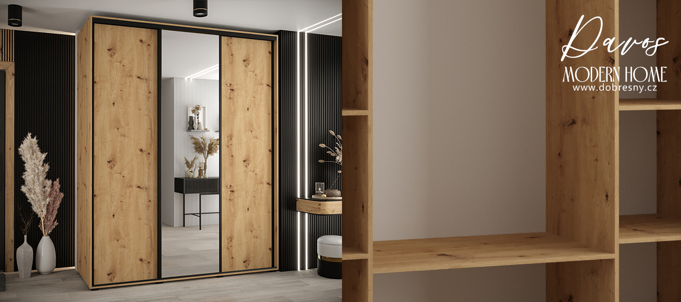 Šatní skříň s posuvnými dveřmi a zrcadlem DAVOS 200cm | DUB Artisan / černé pojezdy