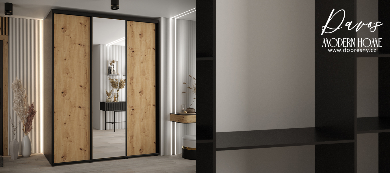 Šatní skříň s posuvnými dveřmi a zrcadlem DAVOS 200cm | Černá / DUB Artisan / černé pojezd