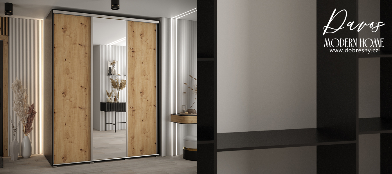 Šatní skříň s posuvnými dveřmi a zrcadlem DAVOS 200cm | Černá / DUB Artisan / stříbrné