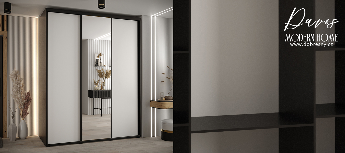 Šatní skříň s posuvnými dveřmi a zrcadlem DAVOS 200cm | Černá / bílá / černé pojezdy