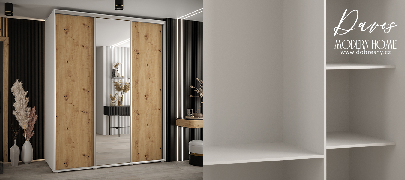 Šatní skříň s posuvnými dveřmi a zrcadlem DAVOS 200cm | Bílá / DUB Artisan / stříbrné