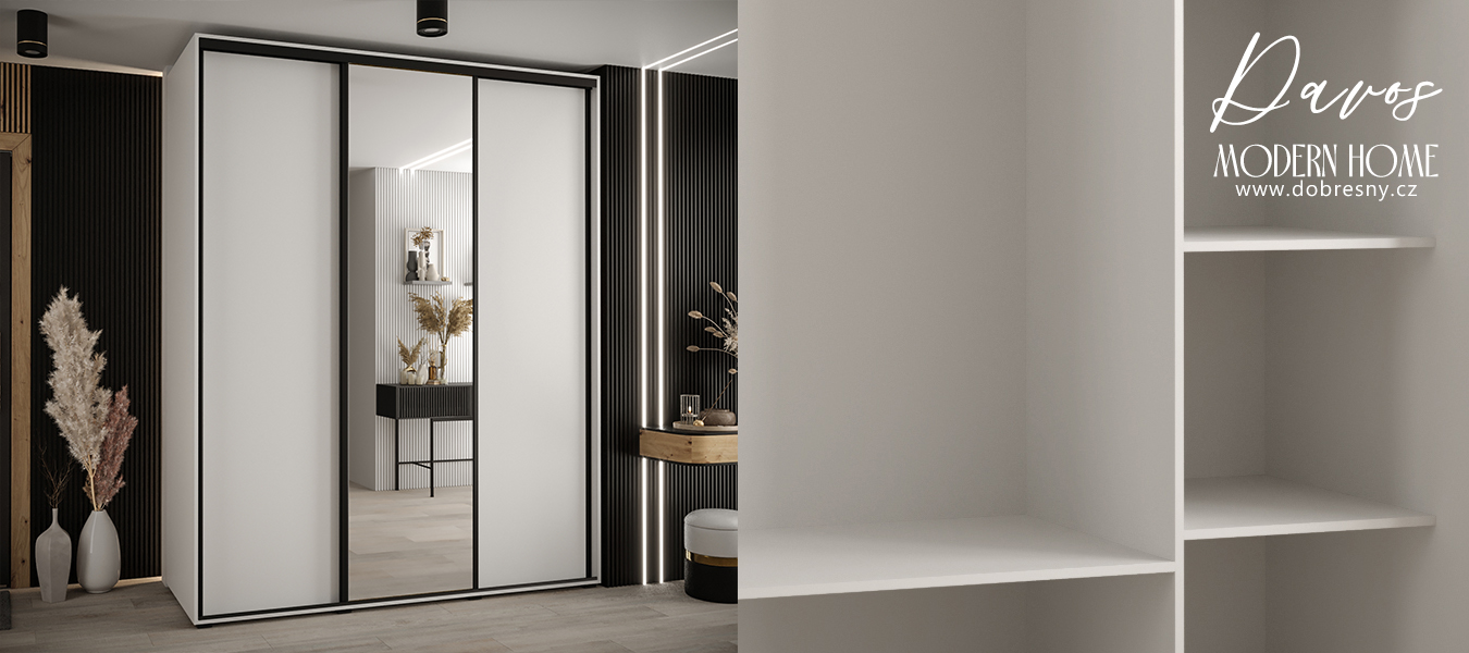Šatní skříň s posuvnými dveřmi a zrcadlem DAVOS 200 cm | Bílá / černé pojezdy