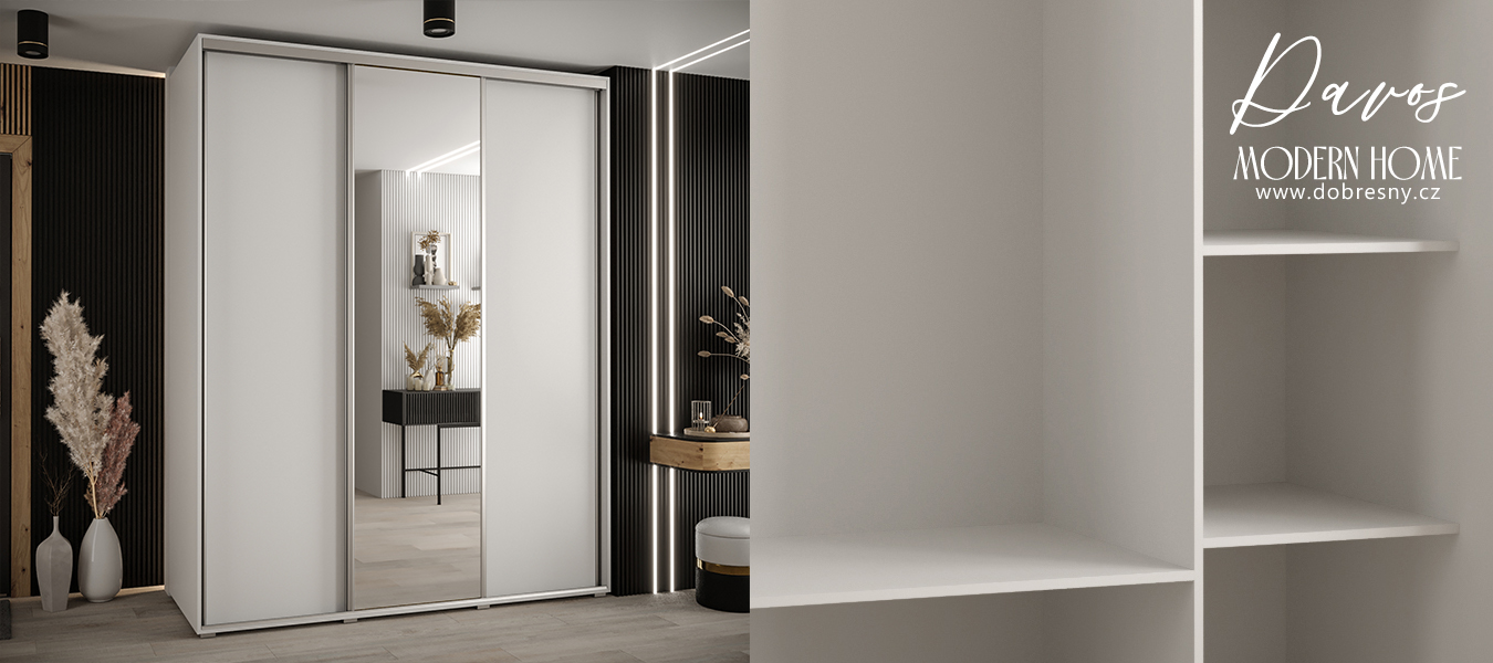 Šatní skříň s posuvnými dveřmi a zrcadlem DAVOS 200 cm | Bílá / stříbrné pojezdy