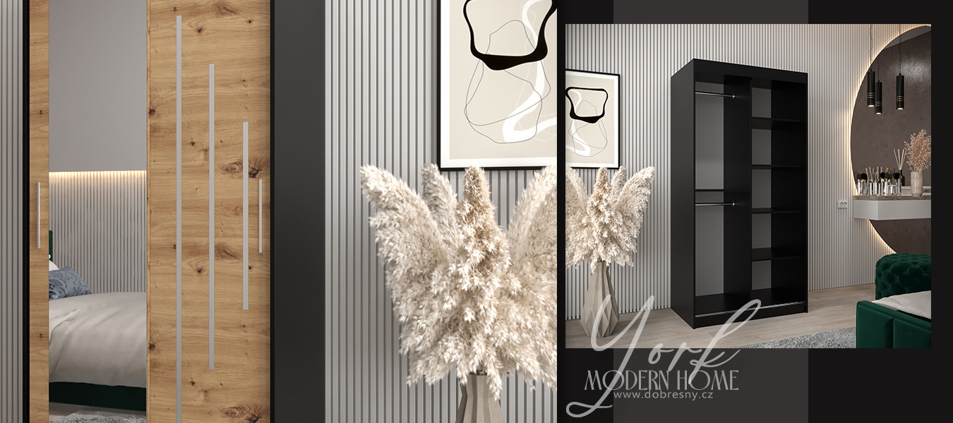 Šatní skříň s posuvnými dveřmi a zrcadlem YORK2 - 100x200cm -Černá-Dub Artisan-