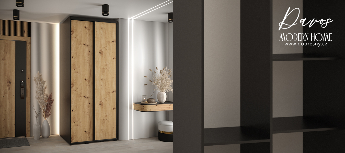 Šatní skříň s posuvnými dveřmi DAVOS 100cm | Černá / DUB Artisan / černé pojezdy