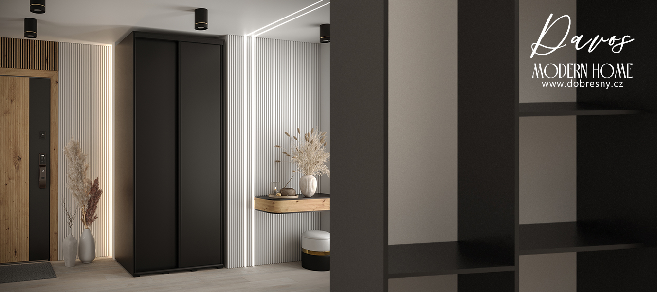 Šatní skříň s posuvnými dveřmi DAVOS 100cm | Černá / černé pojezdy