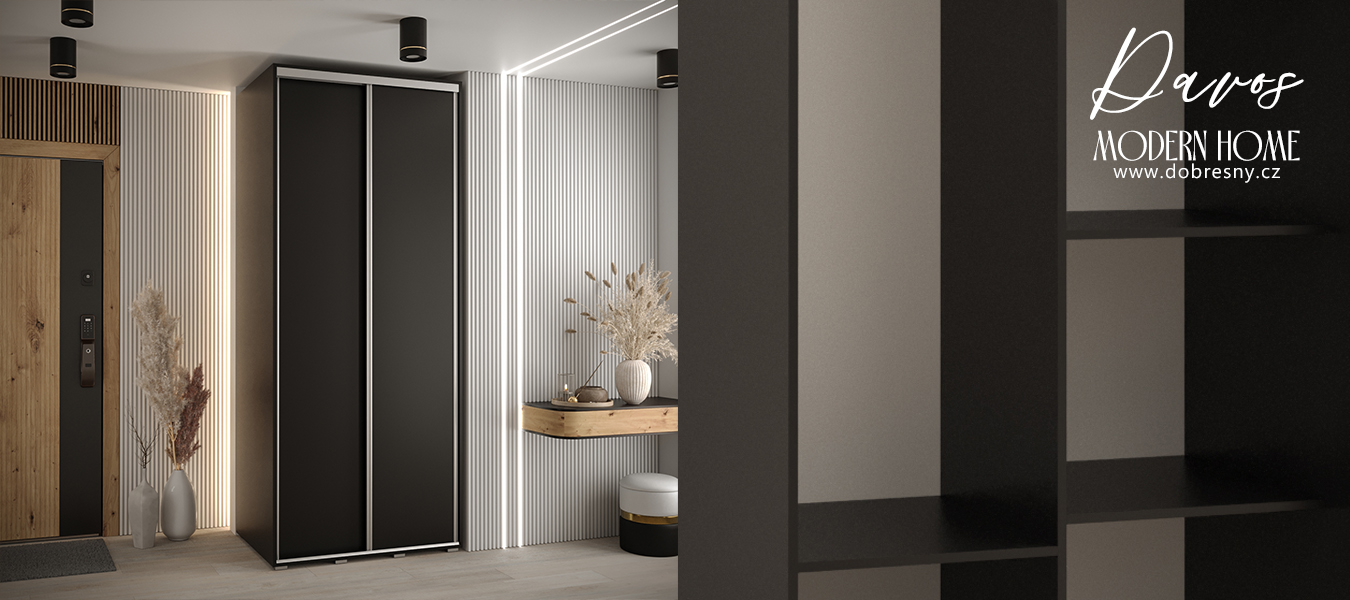 Šatní skříň s posuvnými dveřmi DAVOS 100cm | Černá / stříbrné pojezdy