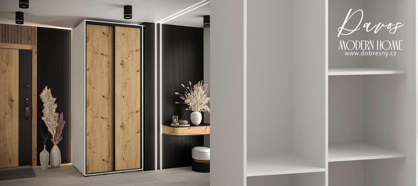 Šatní skříň s posuvnými dveřmi DAVOS 100cm | Bílá / DUB Artisan / černé pojezdy