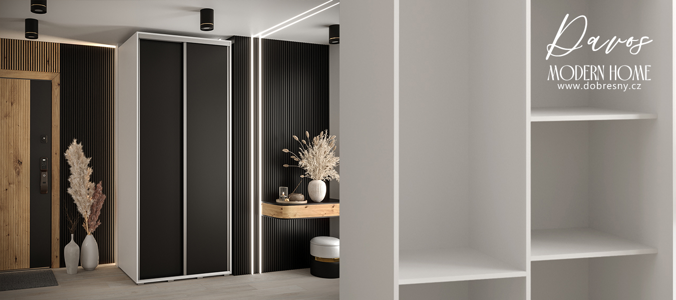 Šatní skříň s posuvnými dveřmi DAVOS 100cm | Bílá / černá / stříbrné pojezdy