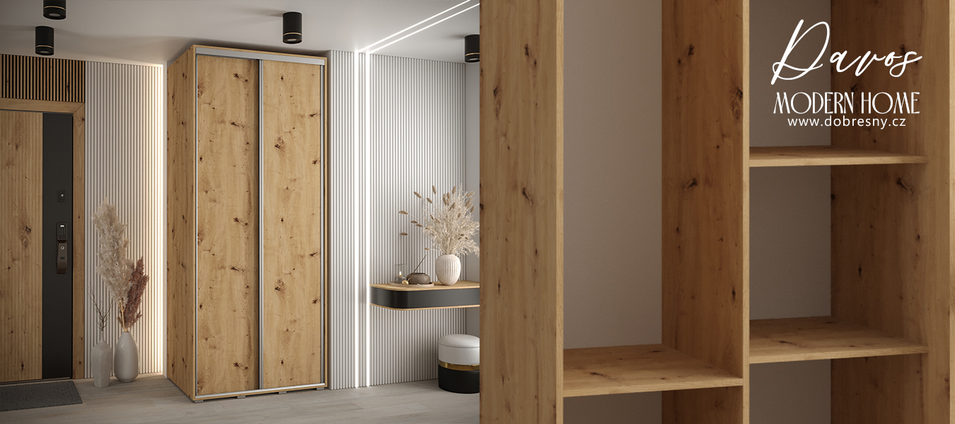 Šatní skříň s posuvnými dveřmi DAVOS 100cm | DUB Artisan / stříbrné pojezdy