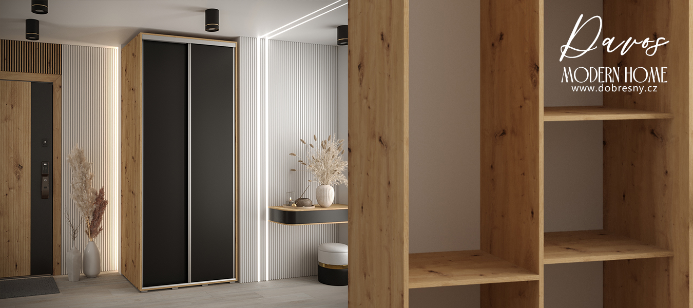 Šatní skříň s posuvnými dveřmi DAVOS 100cm | DUB Artisan / černá / stříbrné