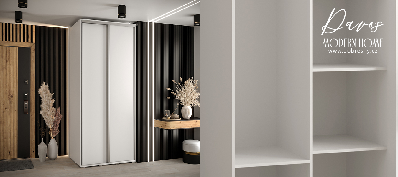 Šatní skříň s posuvnými dveřmi DAVOS 120cm | Bílá / stříbrné pojezdy