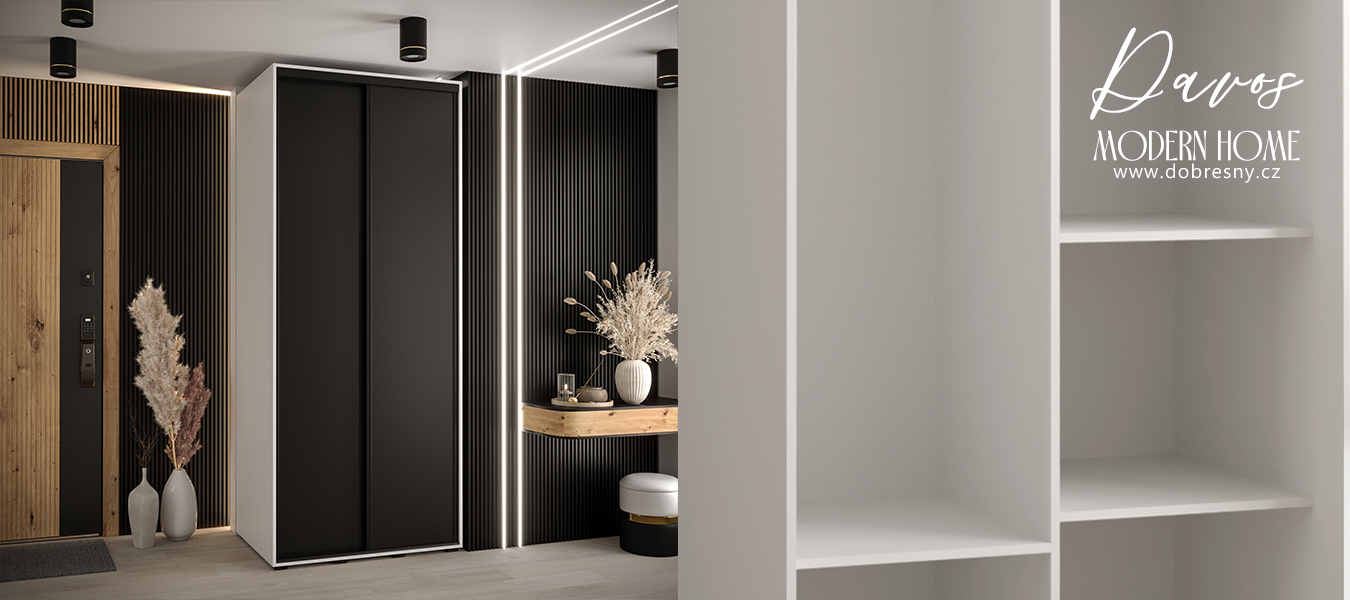 Šatní skříň s posuvnými dveřmi DAVOS 120cm | Bílá / černá / černé pojezdy