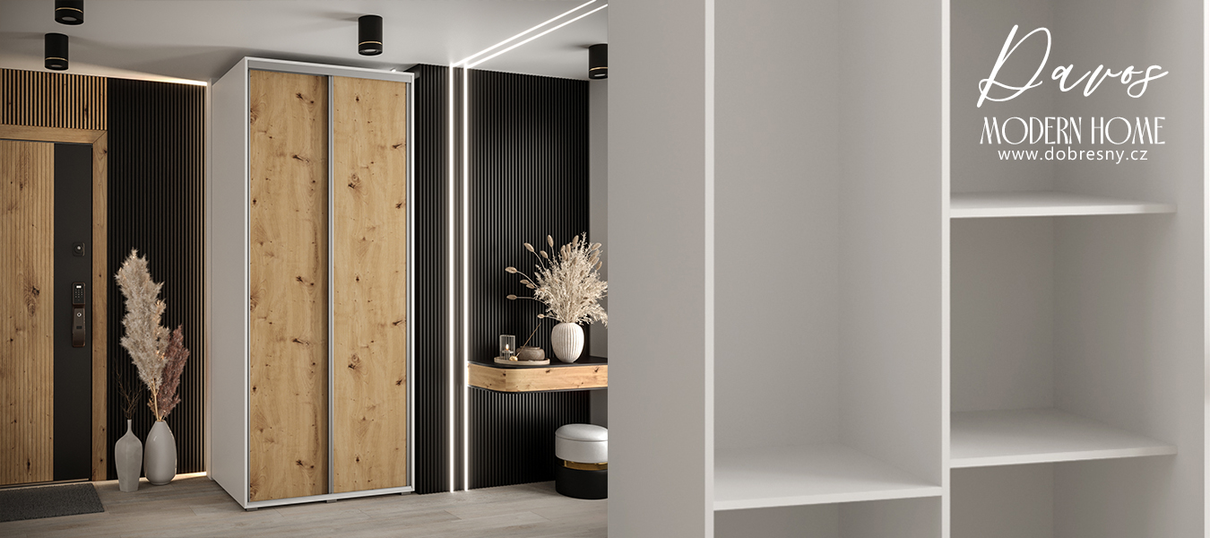 Šatní skříň s posuvnými dveřmi DAVOS 120cm | Bílá / DUB Artisan / stříbrné