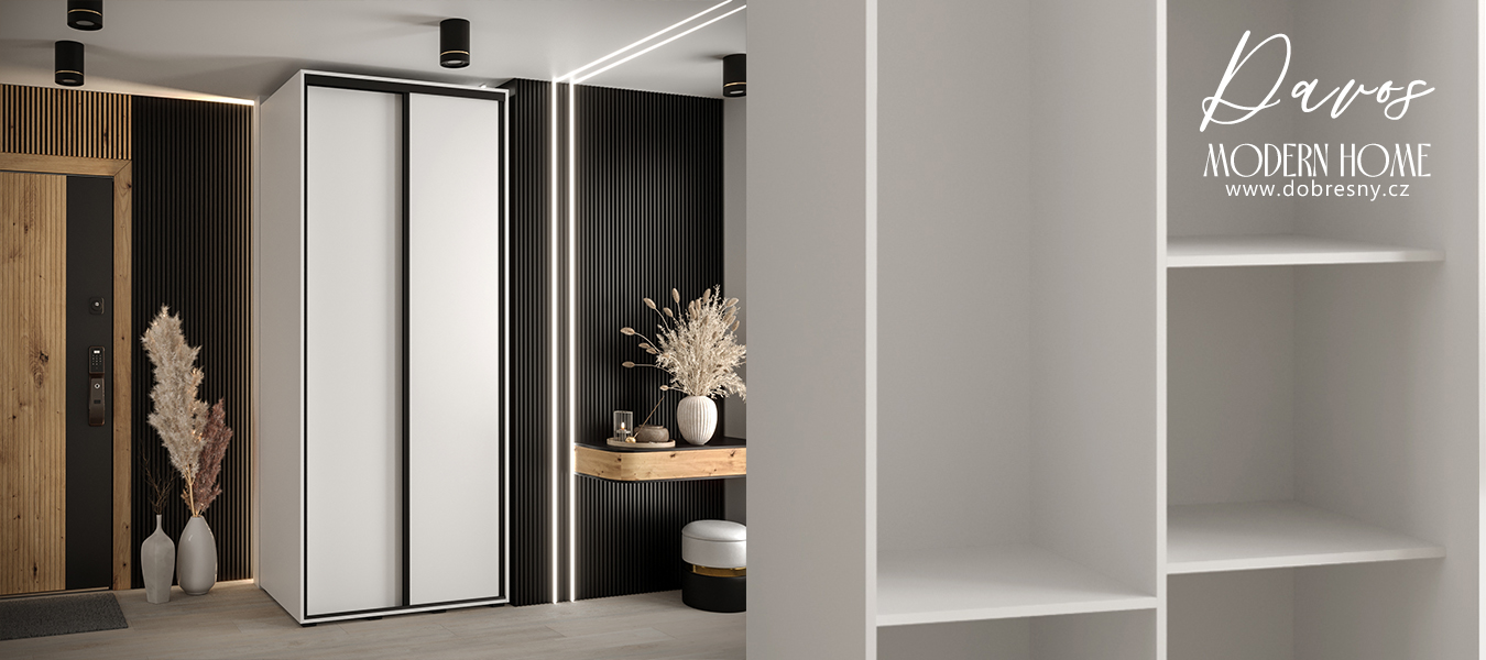 Šatní skříň s posuvnými dveřmi DAVOS 120 cm | Bílá / černé pojezdy