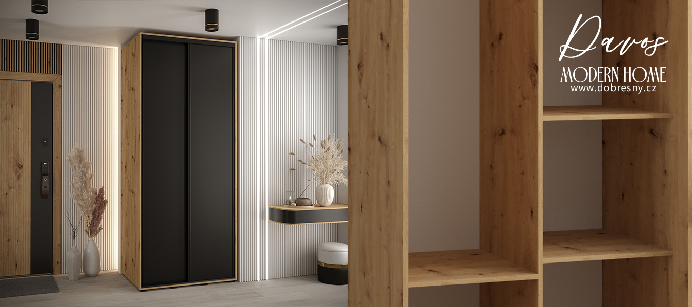 Šatní skříň s posuvnými dveřmi DAVOS 120cm | DUB Artisan / černá / černé pojezdy