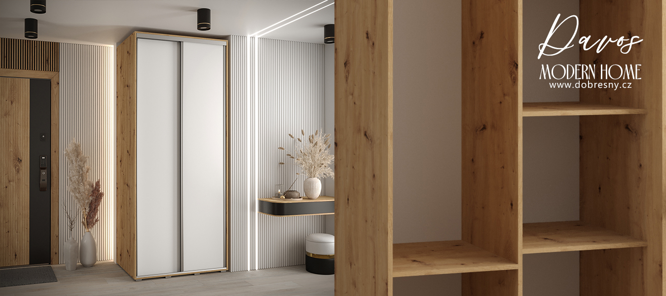 Šatní skříň s posuvnými dveřmi DAVOS 120cm | DUB Artisan / bílá / stříbrné