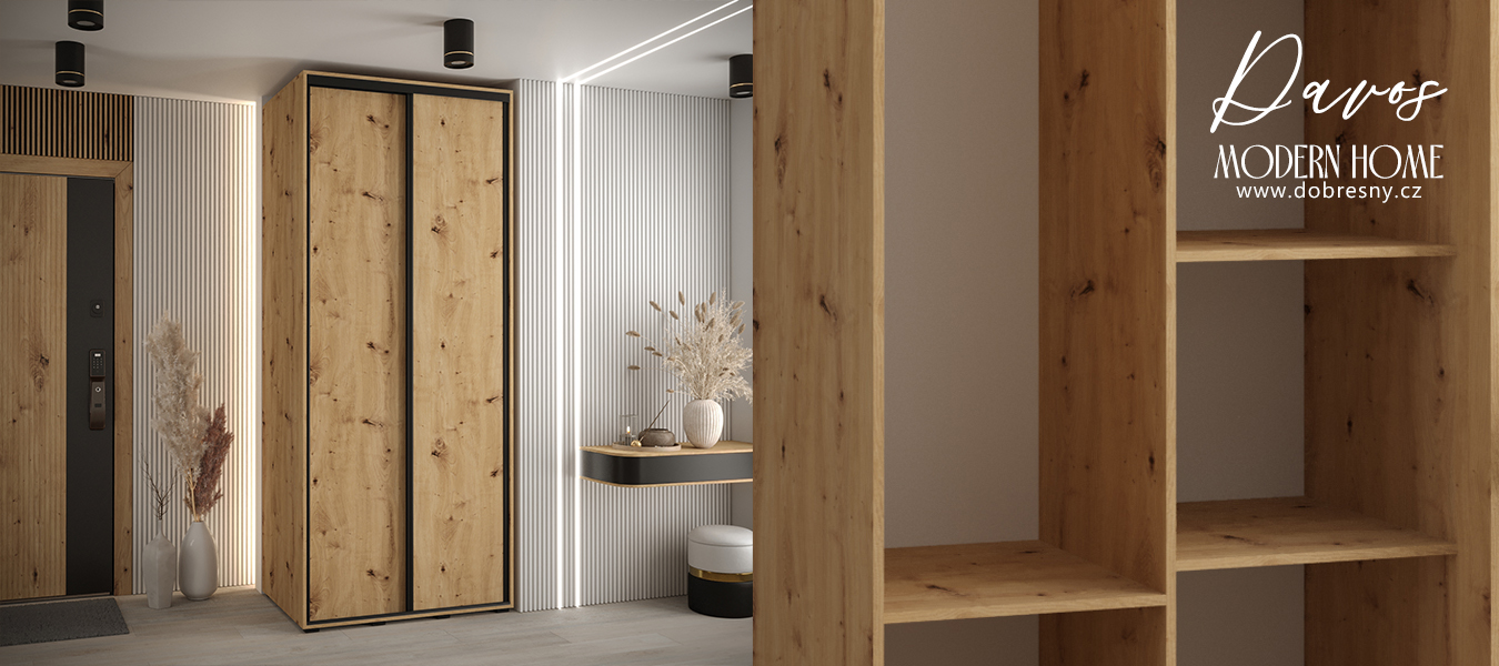 Šatní skříň s posuvnými dveřmi DAVOS 120cm | DUB Artisan / černé pojezdy