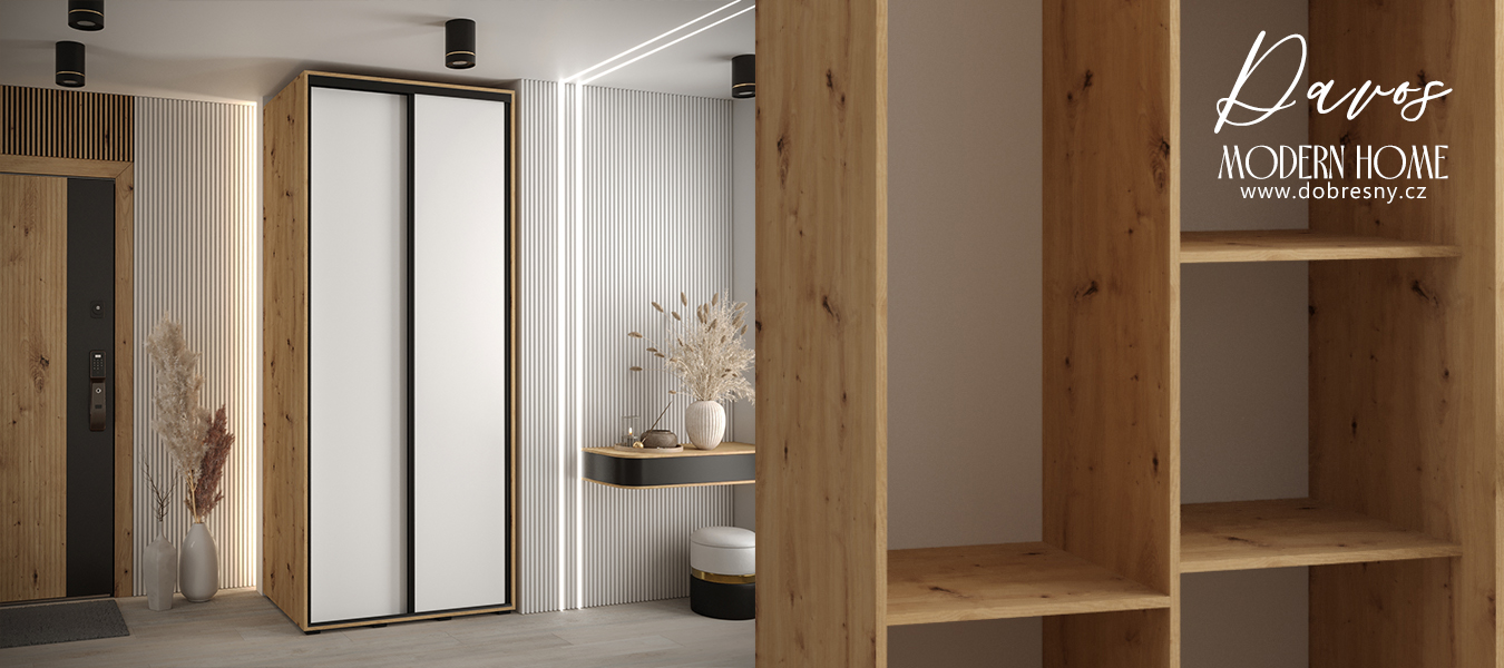 Šatní skříň s posuvnými dveřmi DAVOS 120cm | DUB Artisan / bílá / černé pojezdy