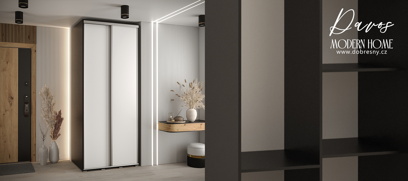 Šatní skříň s posuvnými dveřmi DAVOS 120cm | Černá / bílá / stříbrné pojezdy