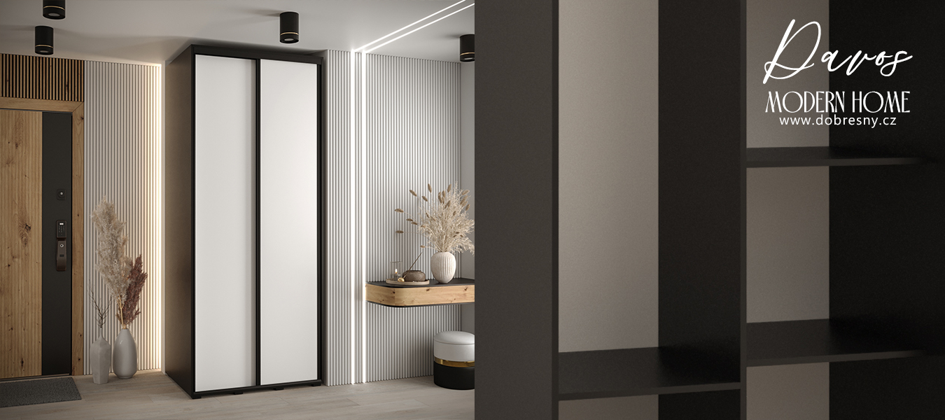 Šatní skříň s posuvnými dveřmi DAVOS 120cm | Černá / bílá / černé pojezdy