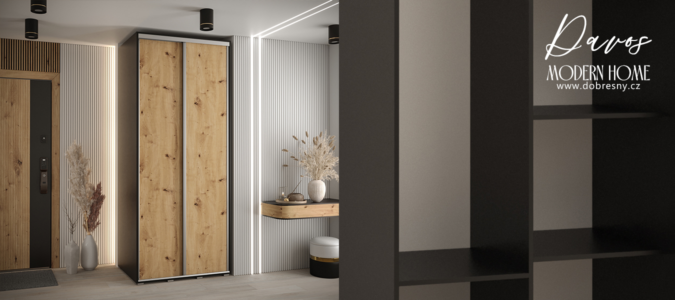 Šatní skříň s posuvnými dveřmi DAVOS 120cm | Černá / DUB Artisan / stříbrné