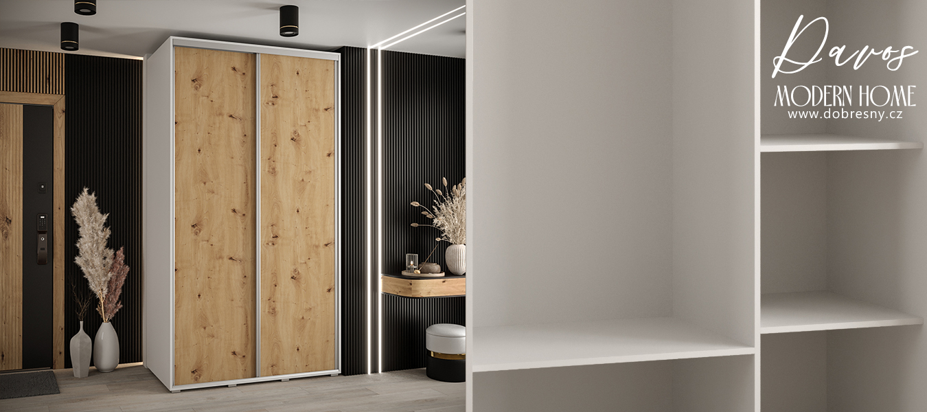 Šatní skříň s posuvnými dveřmi DAVOS 140cm | Bílá / DUB Artisan / stříbrné