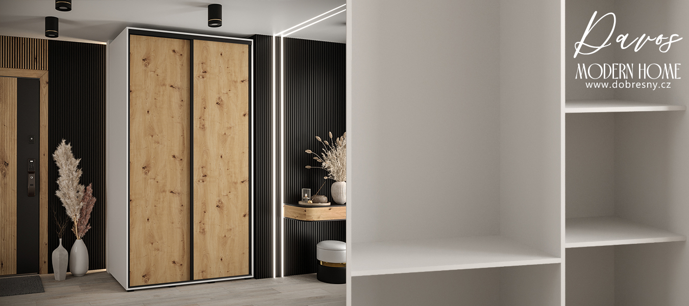 Šatní skříň s posuvnými dveřmi DAVOS 140cm | Bílá / DUB Artisan / černé