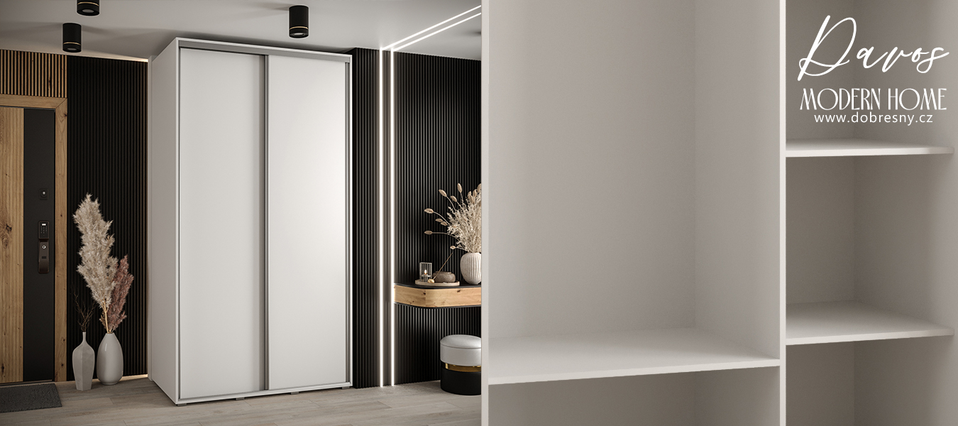 Šatní skříň s posuvnými dveřmi DAVOS 140cm | Bílá / stříbrné pojezdy