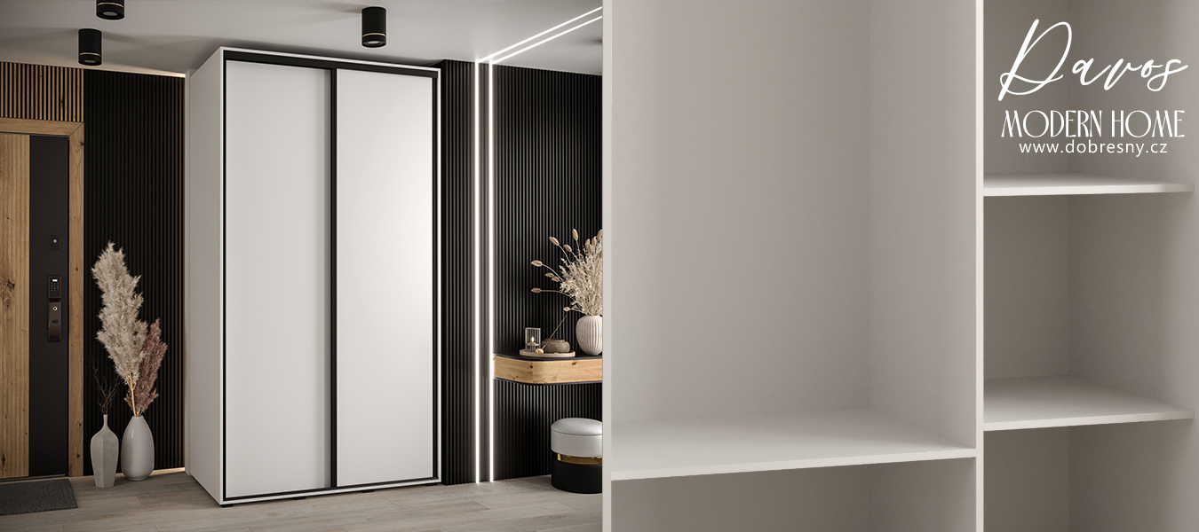 Šatní skříň s posuvnými dveřmi DAVOS 140 cm | Bílá / černé pojezdy