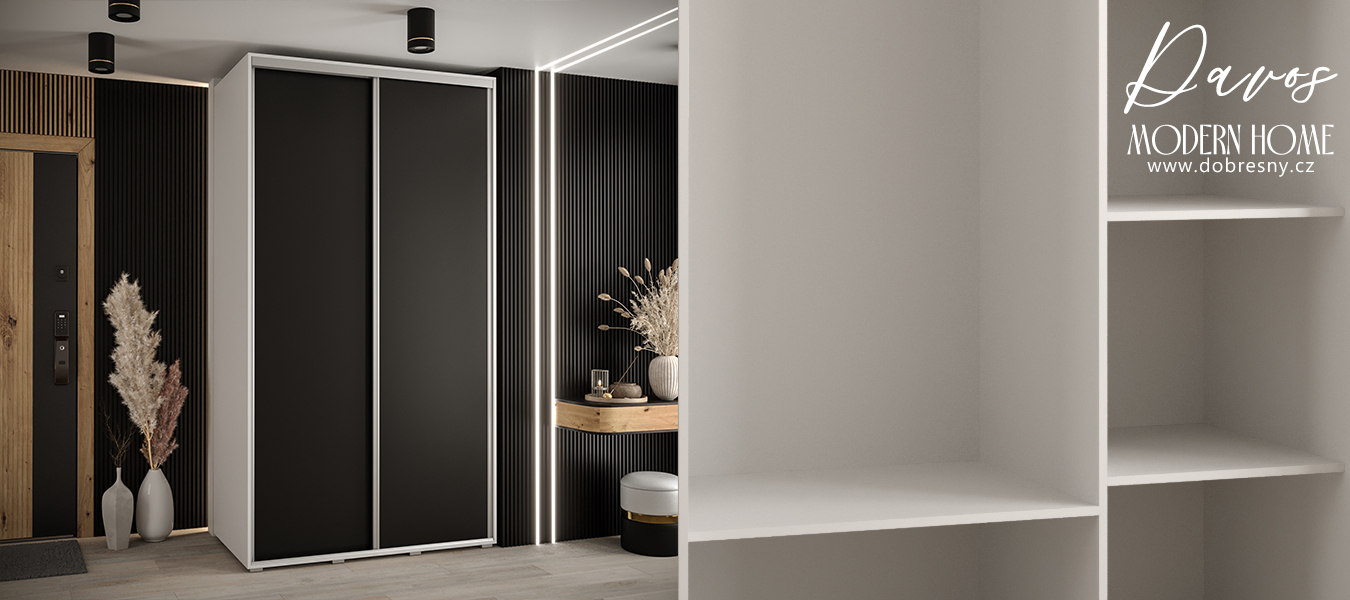 Šatní skříň s posuvnými dveřmi DAVOS 140cm | Bílá / černá / stříbrné pojezdy